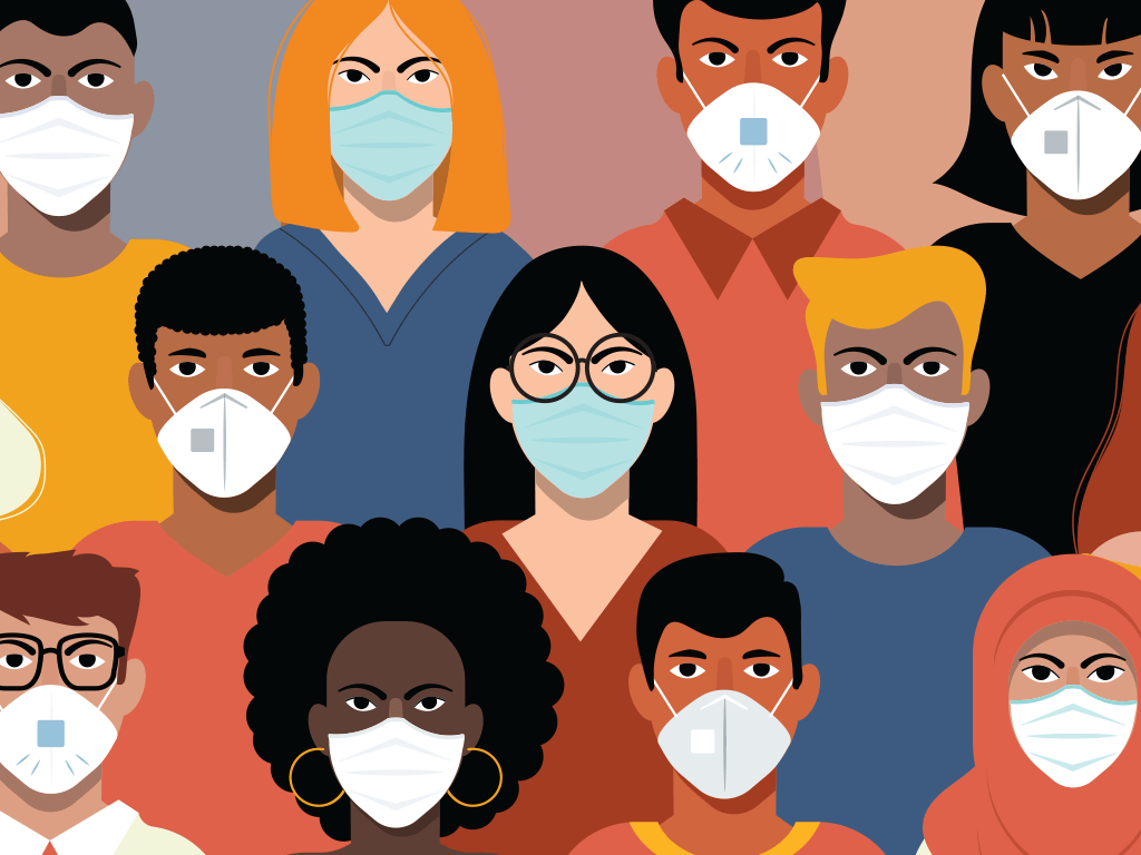 An illustration of people of different colors wearing face masks that cover their mouths and noses