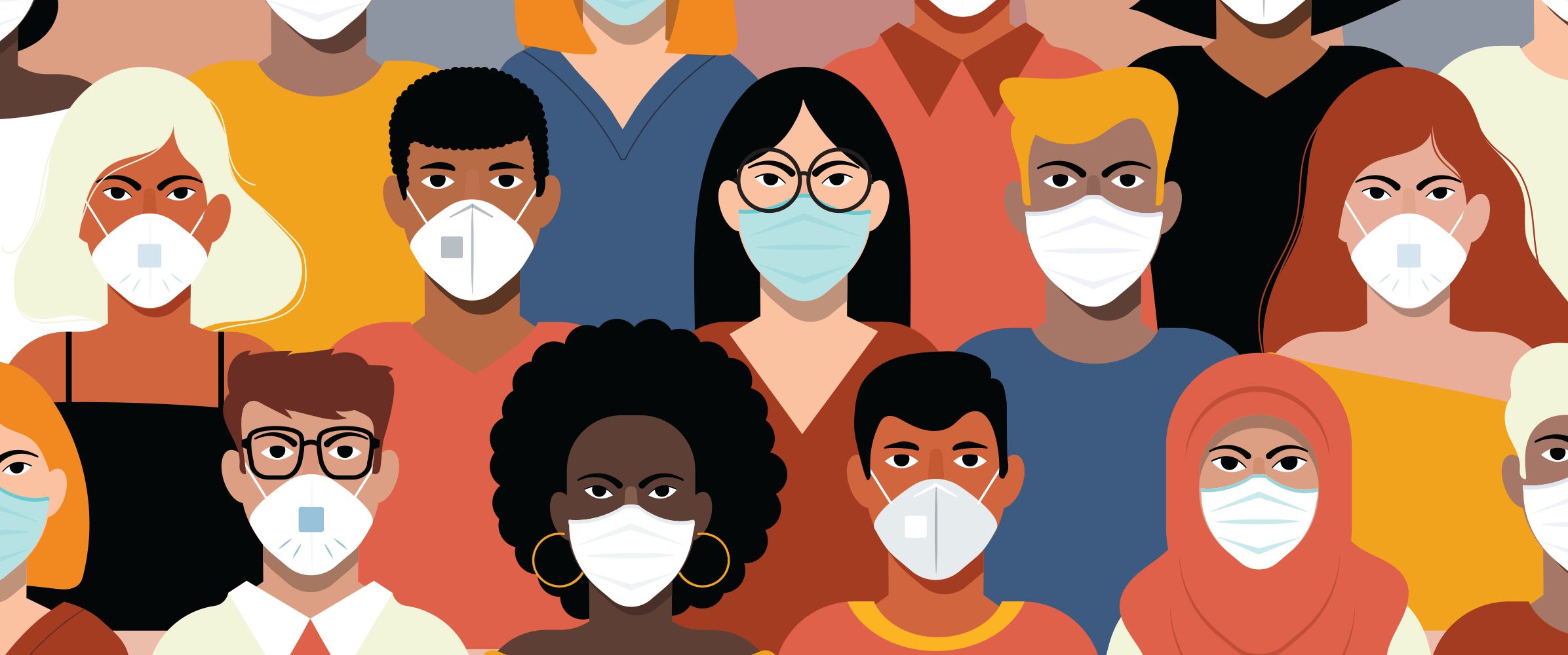 An illustration of people of different colors wearing face masks that cover their mouths and noses